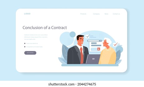 Notary service web banner or landing page. Professional lawyer signing and legalizing paper document. Person witnessing signatures on document. Isolated flat vector illustration