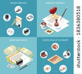 Notary services 2x2 design concept set of marriage contract inheritance rights certification of receipt isometric compositions vector illustration