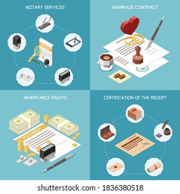 Notary services 2x2 design concept set of marriage contract inheritance rights certification of receipt isometric compositions vector illustration