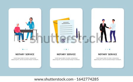 Notary services application templates on mobile screens set flat vector illustration isolated on white background. Legal assistance and notarized documentation.