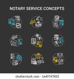 Notary services chalk RGB color concept icons set. Legislation and public regulation. Certificate, guarantee. Common law idea. Vector isolated chalkboard illustrations on black background