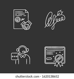 Notary services chalk white icons set on black background. Apostille and legalization. Notarized document. Certificate. Signature. Call center. Contract. Isolated vector chalkboard illustrations