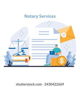 Concepto de Servicios Notariales. Autenticación de documentos con certificación notarial oficial. Integridad legal para transacciones y acuerdos seguros. Ilustración vectorial plana.