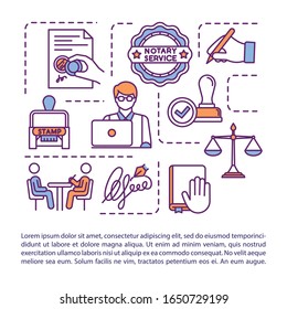 Notary services concept icon with text. Signature, stamp, seal. Oath administering. Validation. PPT page vector template. Brochure, magazine, booklet design element with linear illustrations