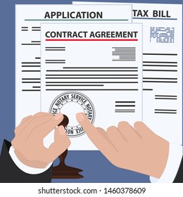 Notary services - documents, men's hands, notarial stamp imprint - flat style - vector. Registration of legal documents
