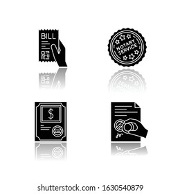 Notary services drop shadow black glyph icons set. Apostille and legalization. Notarized document. Stock certificate. Bill, receipt. Stamp. Validation. Isolated vector illustrations on white space