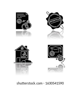 Notary services drop shadow black glyph icons set. Apostille and legalization. Divorce. Diploma. Real estate litigation. Wax seal. Notarized document. Isolated vector illustrations on white space