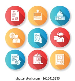 Notary services flat design long shadow glyph icons set. Apostille and legalization. Legal document. Certificate. License. Litigation. Last will. Call center. Silhouette RGB color illustration