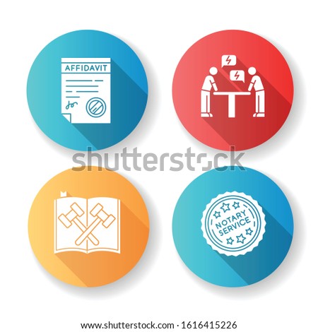 Notary services flat design long shadow glyph icons set. Apostille and document legalization. Affidavit. Legal code. Court statute. Negotiation. Argument. Conflict. Silhouette RGB color illustration