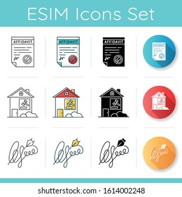 Notary services icons set. Apostille and legalization. Legal document. Affidavit. Signature. Lease dispute. Real estate litigation. Linear, black and RGB color styles. Isolated vector illustrations