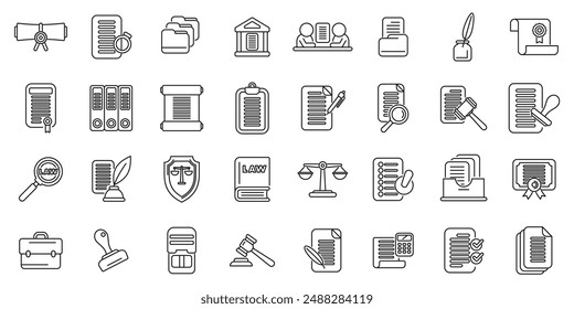 Notary services icons set. Various icons representing legal concepts, including contracts, courts, and legal documents, symbolizing the work of law firms in providing legal advice