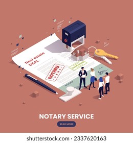 Notary services isometric composition with couple and realtors sign real estate deal vector illusrtation