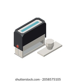 Notary services isometric composition with image of rectangular stamp tool vector illustration