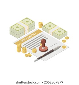 Composición isométrica de los servicios notariales con imágenes de sellos de papel de testamento y monedas con ilustración de vector de caja