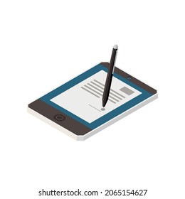 Notary services isometric composition with tablet and pen with contract on screen vector illustration