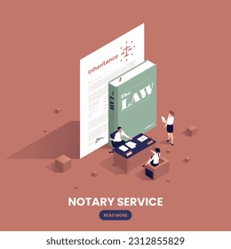 Notary services isometric concept with big law book and three little lawyers vector illustration