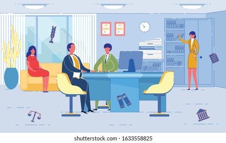 Notary Services - Movable and Immovable Property Ownership and Transfer. Inheritance Rights Registration. Juridical Consulting Agency with Employees in Office Interior. Flat Vector Illustration.