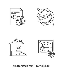 Notary services pixel perfect linear icons set. Divorce. Diploma. Real estate litigation. Wax seal. Customizable thin line contour symbols. Isolated vector outline illustrations. Editable stroke
