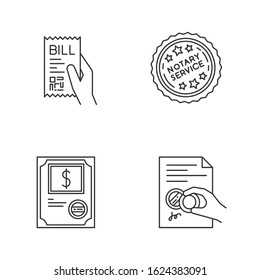 Notary services pixel perfect linear icons set. Stock certificate. Bill. Purchase confirmation. Stamp. Customizable thin line contour symbols. Isolated vector outline illustrations. Editable stroke