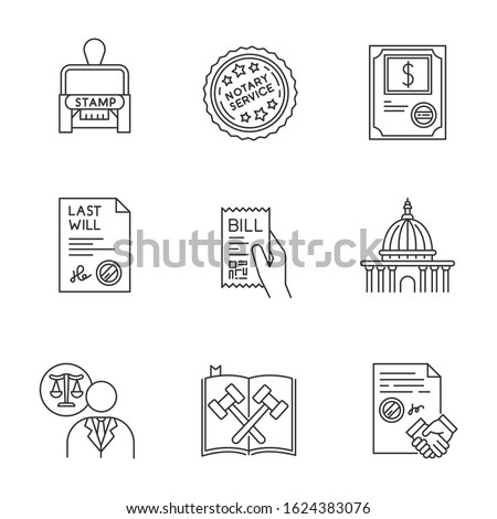 Notary services pixel perfect linear icons set. Stock certificate. Supreme court. Statute. Last will. Customizable thin line contour symbols. Isolated vector outline illustrations. Editable stroke