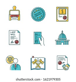 Notary services RGB color icons set. Apostille and document legalization. Stock certificate. Bill. Supreme court. Legal code. Last will. Lawyer, attorney. Contract. Isolated vector illustrations