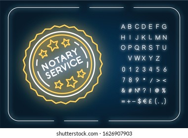 Servicios notariales sellan el icono de la luz de neón. Apostilla y legalización. Autenticación. Efecto brillante exterior. Firma con alfabeto, números y símbolos. Vector aislado RGB ilustración en color