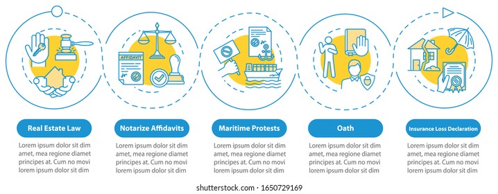 Notary services vector infographic template. Agreement. Translation solutions presentation design elements. Data visualization with 5 steps. Process timeline chart. Workflow layout with linear icons