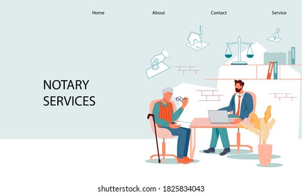 Notary services web banner template with elderly man at notary appointment. Web page with senior person visit lawyer office for signing and legalization testament document, flat vector illustration. 