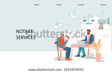 Notary services web banner template with elderly man at notary appointment. Web page with senior person visit lawyer office for signing and legalization testament document, flat vector illustration. 