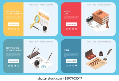 Notary services web banners with clickable links buttons and offering of document and agreement certification isometric vector illustration svg