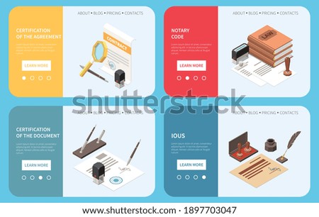 Notary services web banners with clickable links buttons and offering of document and agreement certification isometric vector illustration