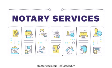 Notary services word concept isolated on white. Document authenticity, contract agreement. Creative illustration banner surrounded by editable line colorful icons