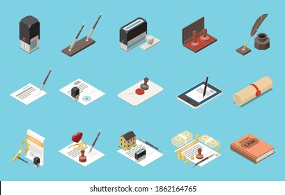 Notary tools and services isometric set of sealed envelope notarized signature certification of receipt promissory notes isolated vector illustration