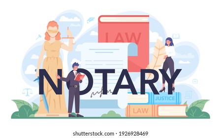 Notary typographic header. Professional lawyer signing and legalizing paper document. Person witnessing transaction and signature. Isolated flat vector illustration