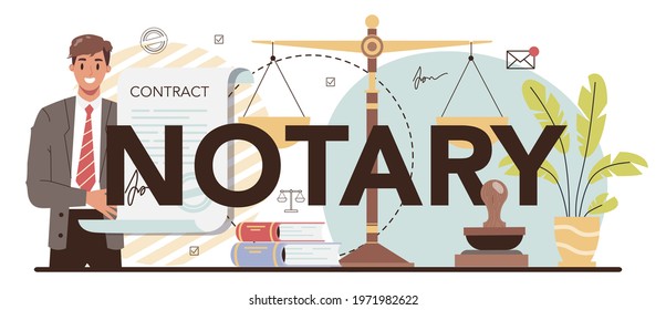 Notary typographic header. Professional lawyer signing and legalizing paper document. Person witnessing signatures on document. Isolated flat vector illustration