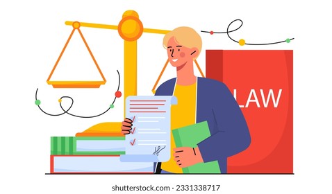 Notar Typografisches Vektorkonzept. Mann mit Dokumenten auf dem Hintergrund der Richterskala. Rechtsberatung und rechtliche Unterstützung von Transaktionen und Unternehmen. Anwalt und Anwalt. Cartoon-Flachgrafik