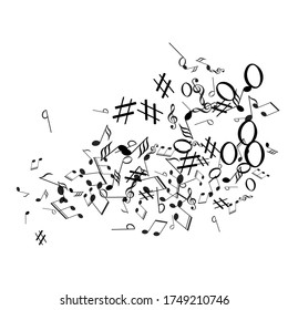 Notation melody record classic concept. Cartoon music studio background.  Black notes symbols. Mensural musical notation.
