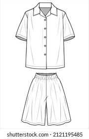 NOTCH  COLLAR TOP AND SHORTS FLAT SKETCH OF
NIGHTWEAR SET FOR WOMEN AND TEEN GIRLS IN EDITABLE VECTOR FILE