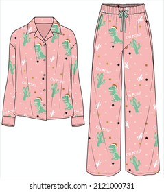 NOTCH COLLAR TOP WITH WIDE LEG BOTTOM MATCHING PYJAMA SET FOR WOMEN IN EDITABLE VECTOR FILE