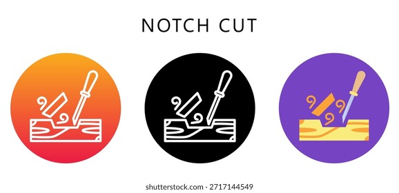 Icono de estilo múltiple de corte de muesca, plano, línea, glifo, lineal, tono dual. Relacionado Con La Carpintería, Industria De La Madera. Uso Para El Concepto Moderno, Ui, Web Ux Y Desarrollo De App.