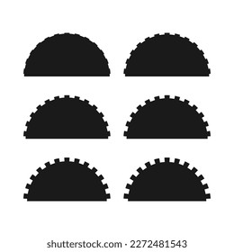 Iconos de forma de semicírculo de borde de acné. Grupo de 6 formas semicirculares con bordes afilados. Aislado sobre un fondo blanco.