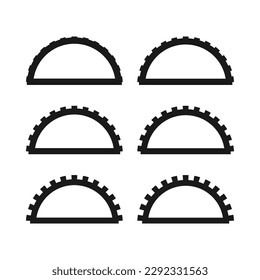 Notch edge half-circle stroke shapes. A group of 6 semicircle symbols with notched outside edges. Isolated on a white background.