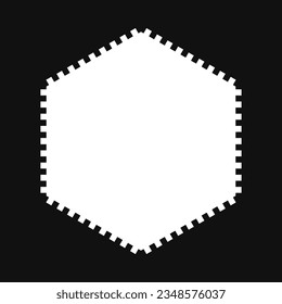 Marco de borde de hexágono del borde de la muesca. Un contorno hexagonal blanco vacío con bordes apuntados sobre un fondo negro.