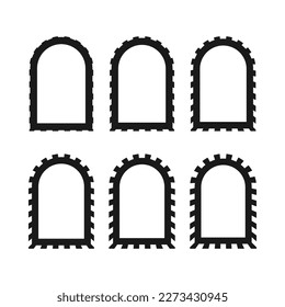 Notch edge hollow arch stroke shapes. A group of 6 archway symbols with notched outside edges. Isolated on a white background.