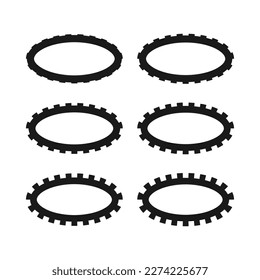 Notch edge hollow oval stroke shapes. A group of 6 ovals with notched outside edges. Isolated on a white background.