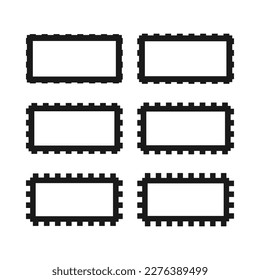 Notch edge hollow rectangle stroke shapes. A group of 6 rectangular symbols with notched outside edges. Isolated on a white background.