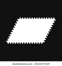 Notch edge parallelogram shape, border frame. An empty white squared outline with notched edges on a black background.