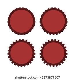 Notch edge red circle stroke shapes. A group of 4 circular symbols with notched outside edges. Isolated on a white background.
