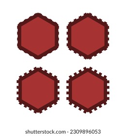 Notch edge red hexagon stroke shapes. A group of 4 hexagons with notched outside edges. Isolated on a white background.