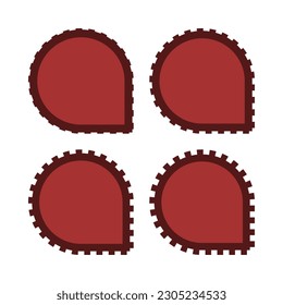 Notch edge red one-corner circles. A group of 4 circular shapes with a single squared corner and notched outside edges. Isolated on a white background.
